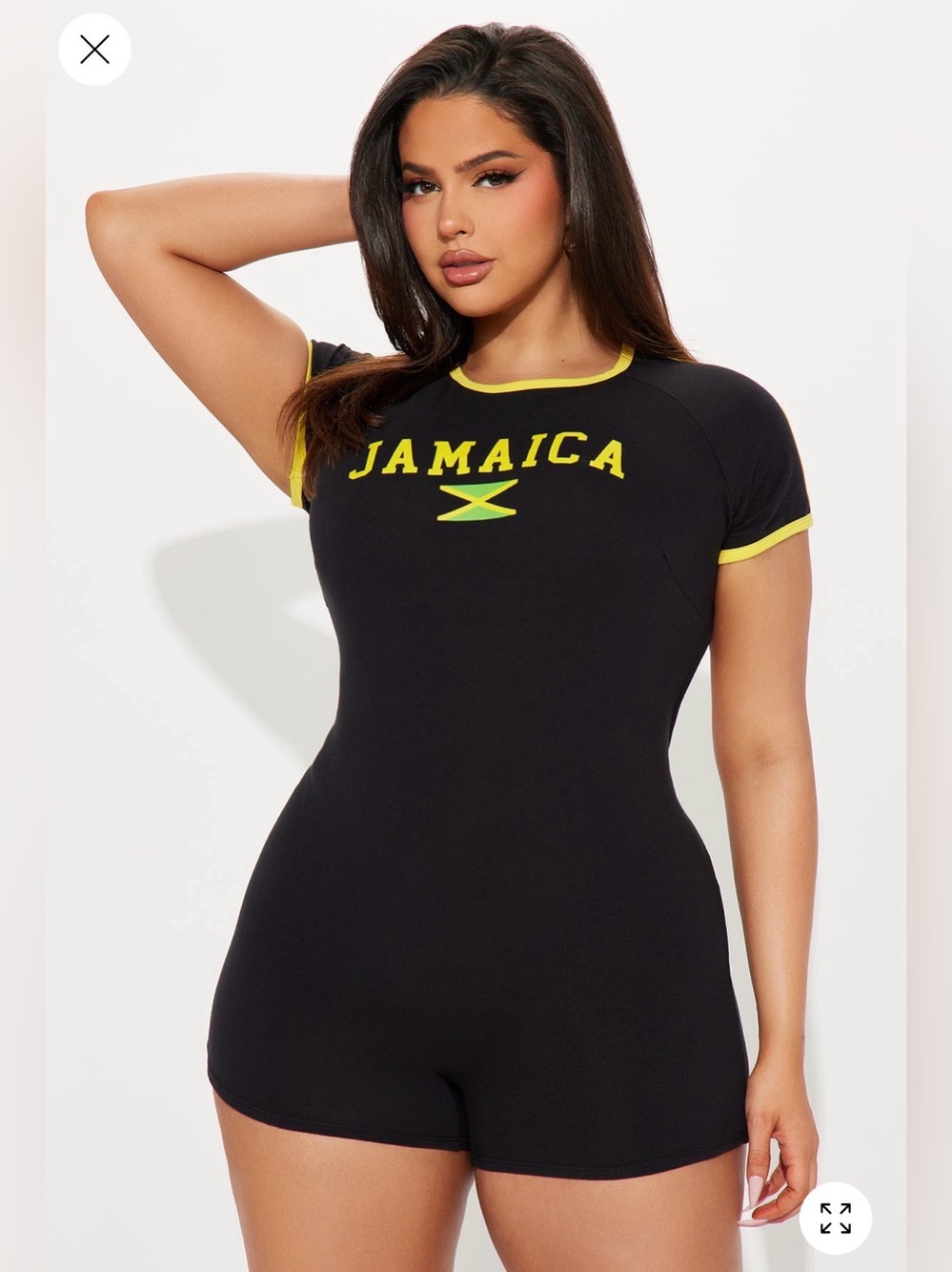Brand New Black Jamaica Open Back Romper with Yellow Trim